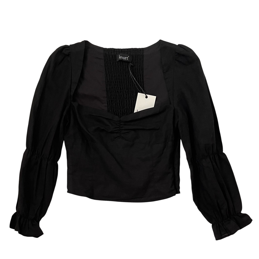NWT Kourt Puff Sleeve Ruffle Top - Linen Cotton Blend - Sweetheart - Black - M - Picture 3 of 7